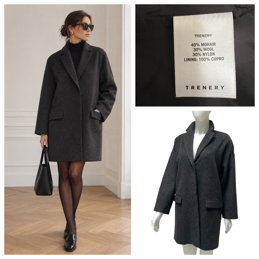Trenery Mohair Wool Luxury Italian Fabric Overcoat Charcoal Grey Minimalist Sz M
